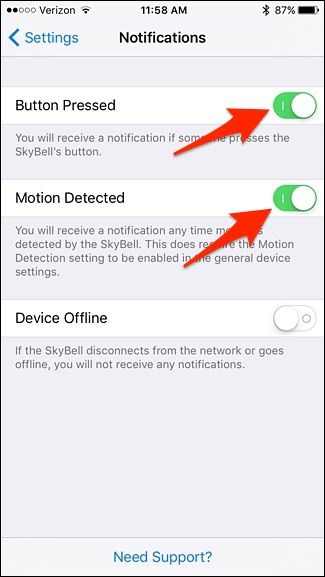 Отключение уведомлений Button Pressed и Motion Detected