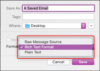 Диалог Сохранить как в Apple Mail с опциями формата файла