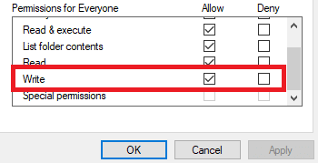 Параметр Запись установлен в состояние Отказать