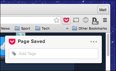 Кнопка Pocket в панели инструментов Chrome