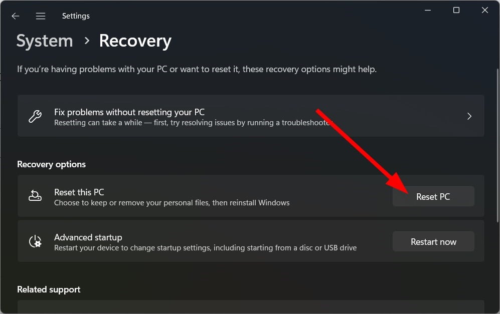 Раздел Восстановление в Параметрах