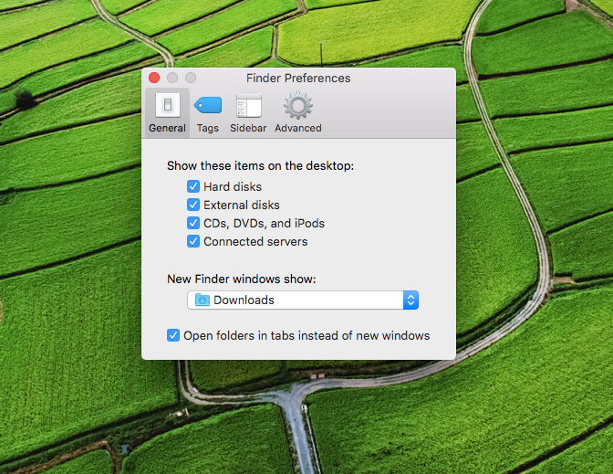 параметры Finder General для отображения дисков и серверов