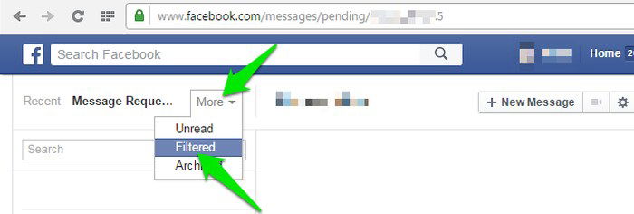 Schermata dei messaggi filtrati nella inbox di Facebook
