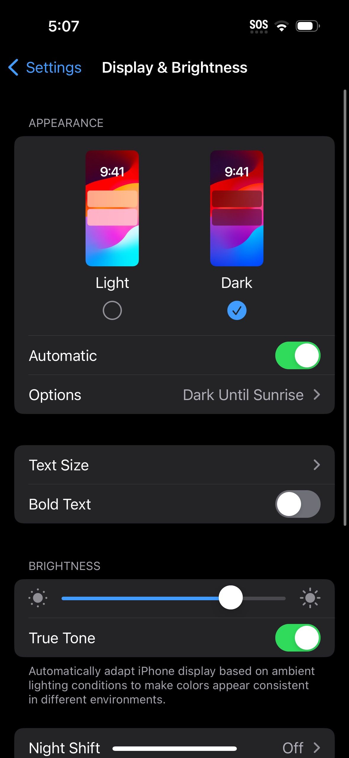 Showing dark mode option on iPhone