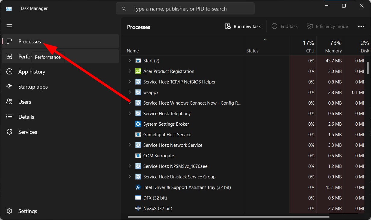 Вкладка «Процессы» в Диспетчере задач Windows