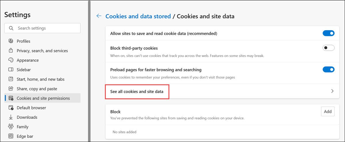 Просмотр всех cookie и данных сайтов в Edge
