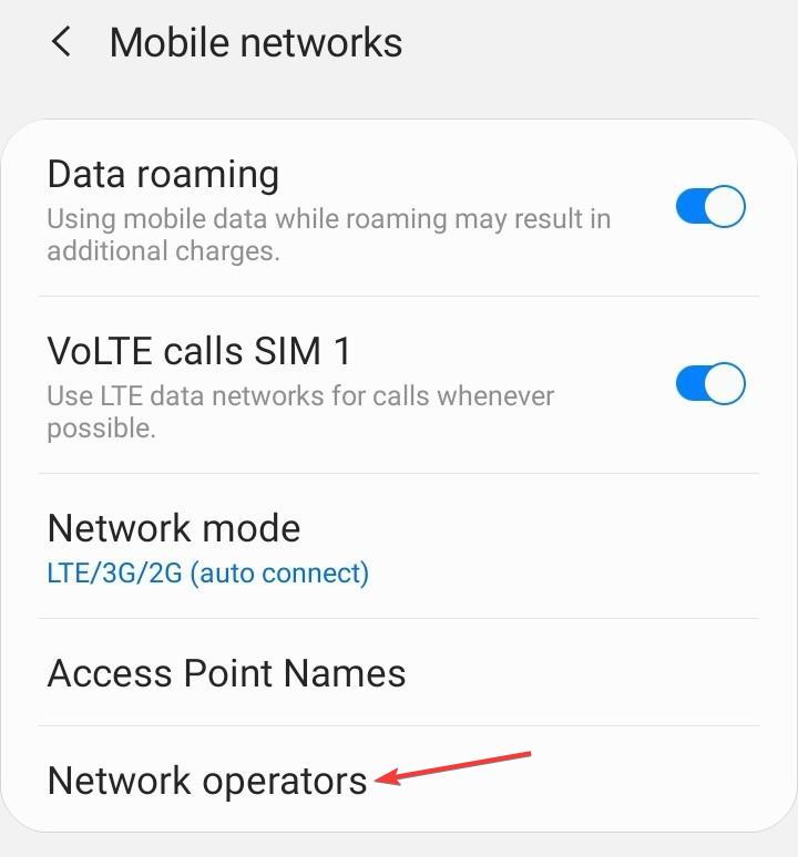 Параметры 'Мобильные сети' и 'Операторы сети'