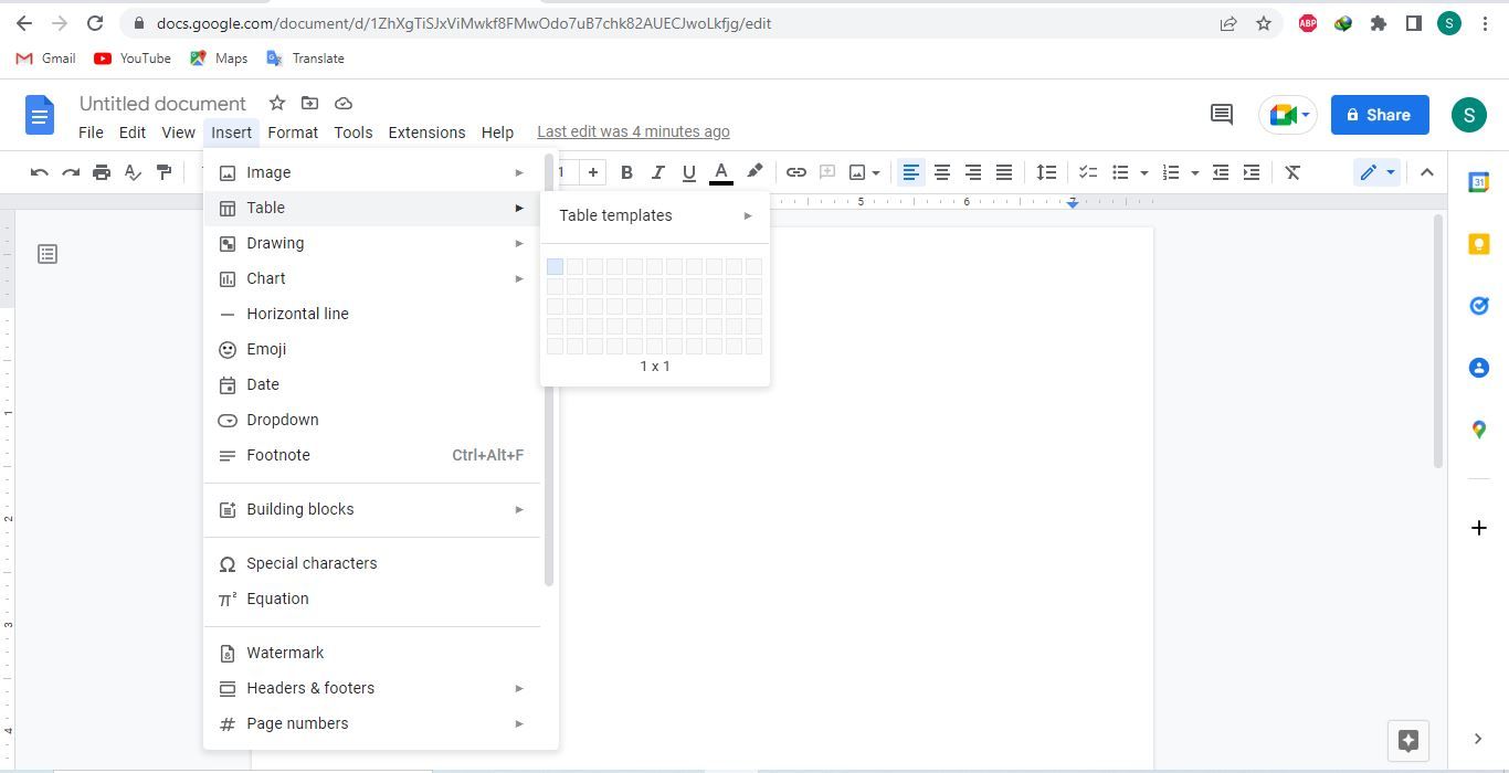 Создание таблицы 1x1 через меню Вставка в Google Docs