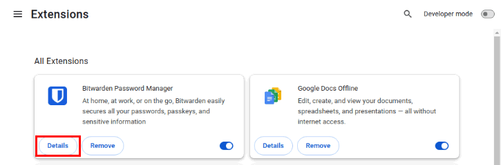 Скриншот: пункт «Подробности» у расширения Chrome