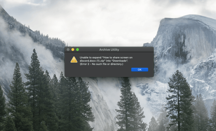 Исправить ошибку «Не удаётся разархивировать» на Mac