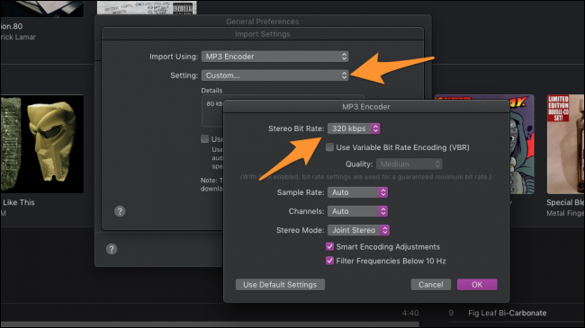 Окно выбора битрейта с опцией 320 kbps