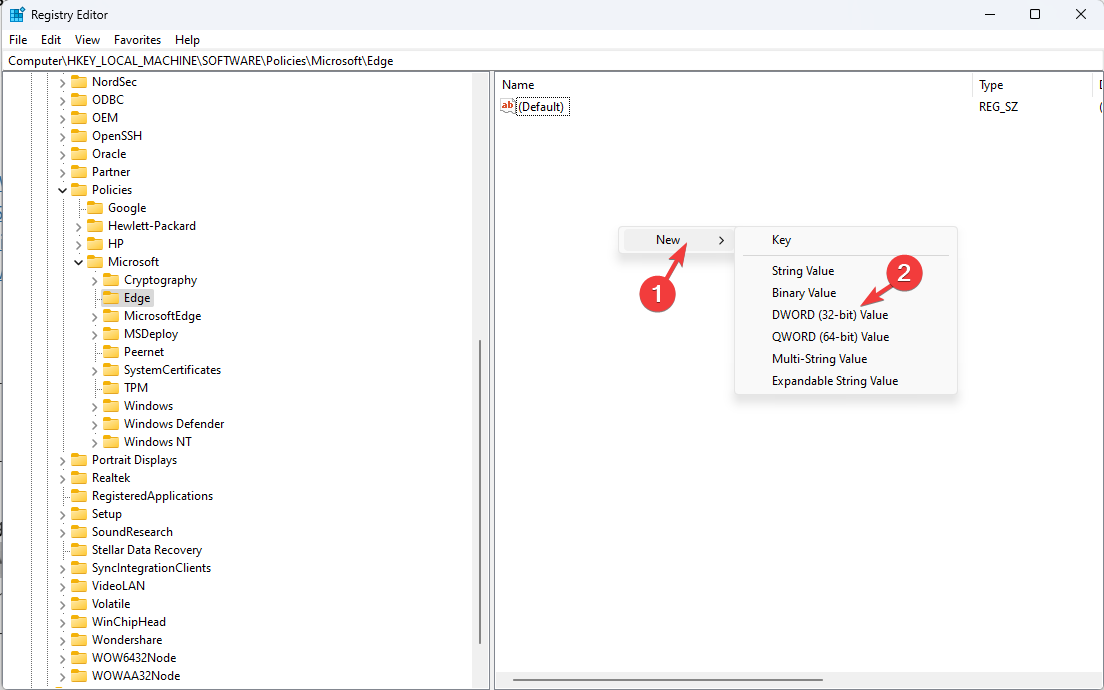 Создание нового DWORD в реестре для Edge