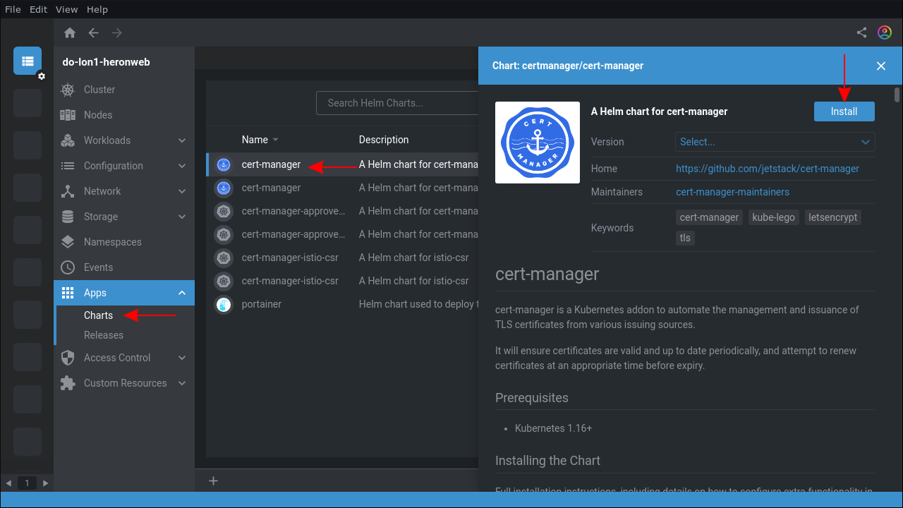 Скриншот установки Helm-чарта через Lens
