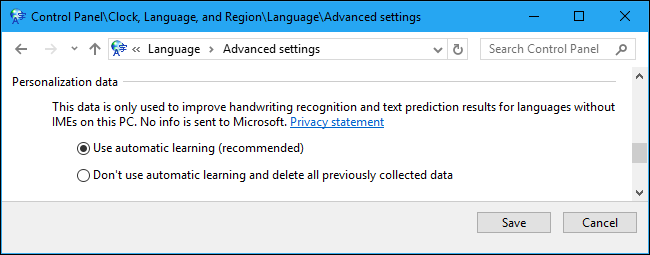 Окно параметров персонализации данных в Windows 10