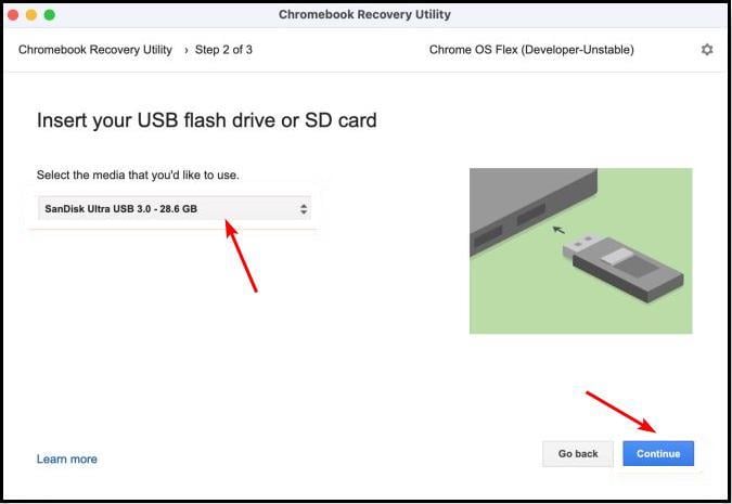 Выбор USB‑накопителя для записи образа Chrome OS Flex