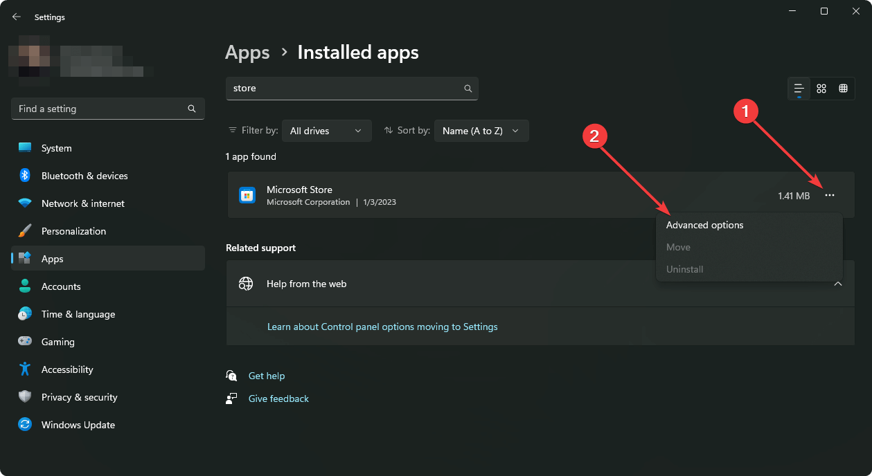 Меню дополнительных параметров приложения Microsoft Store