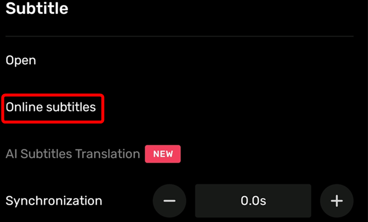 Опция Online Subtitles в MX Player для запуска поиска