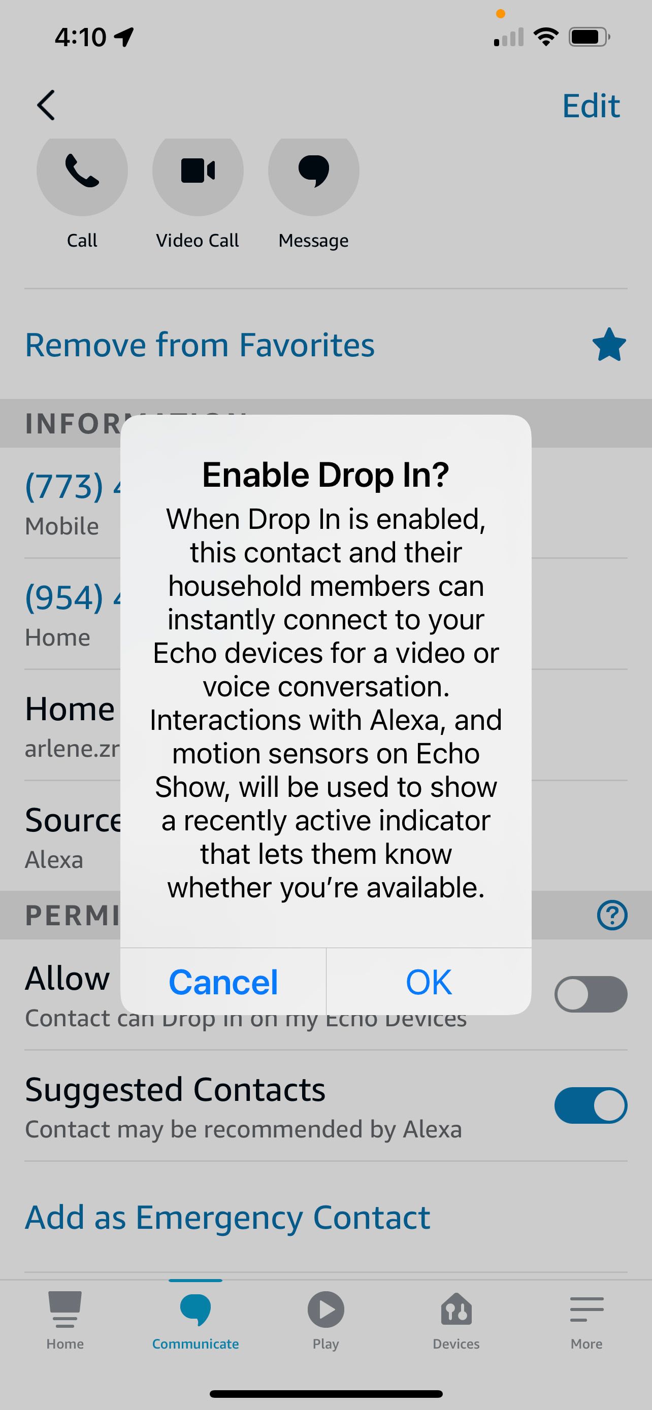 Popup reads the details of what happens when you enable drop in.