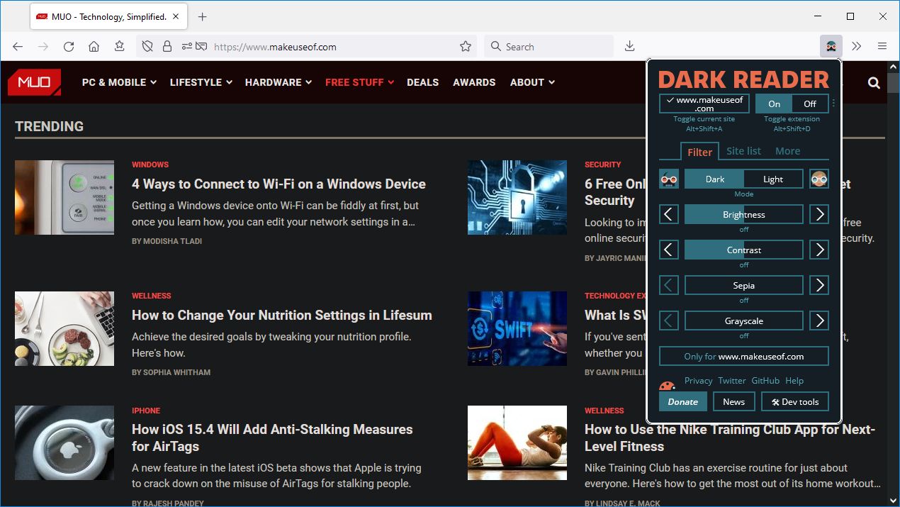 Dark Reader: пример использования в Firefox