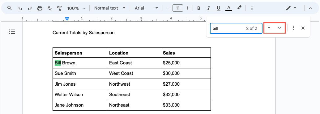 Стрелки для навигации по результатам в Google Docs в вебе