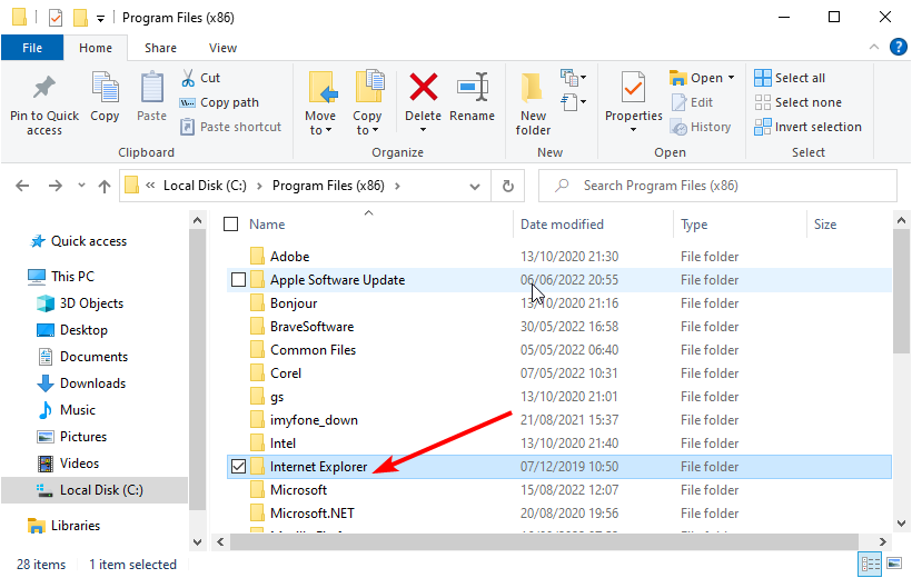 Папка Internet Explorer в Program Files