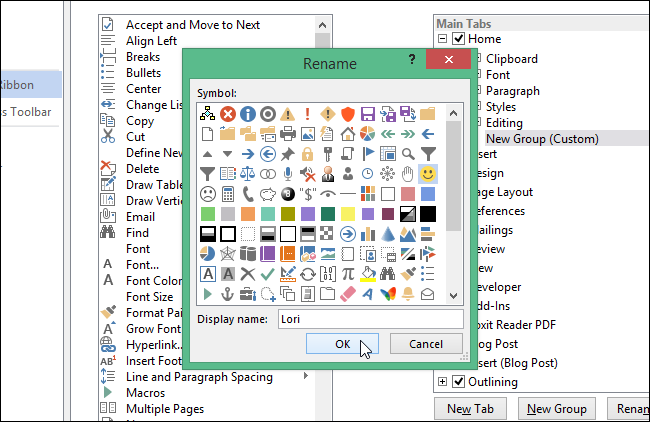 Окно переименования группы и выбор значка