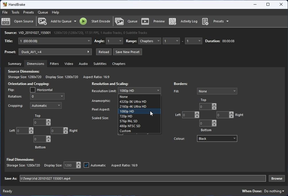 Установка предела разрешения для наивысшего качества