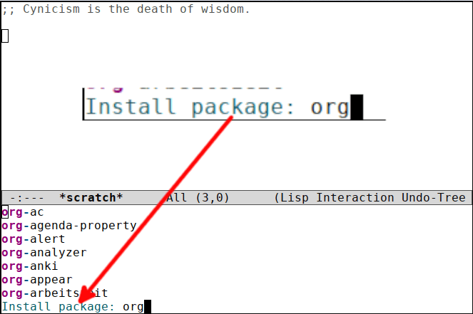 Установка пакета в Emacs: окно ввода package-install