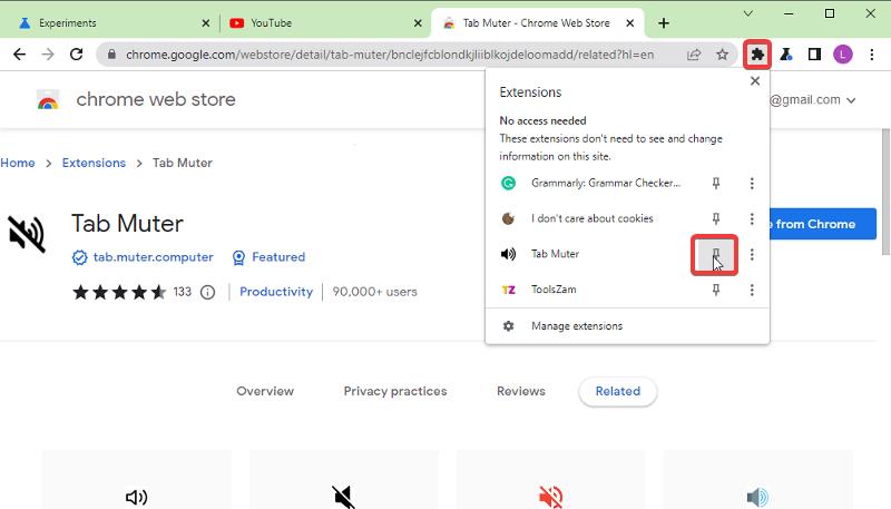 закрепить расширение tab muter