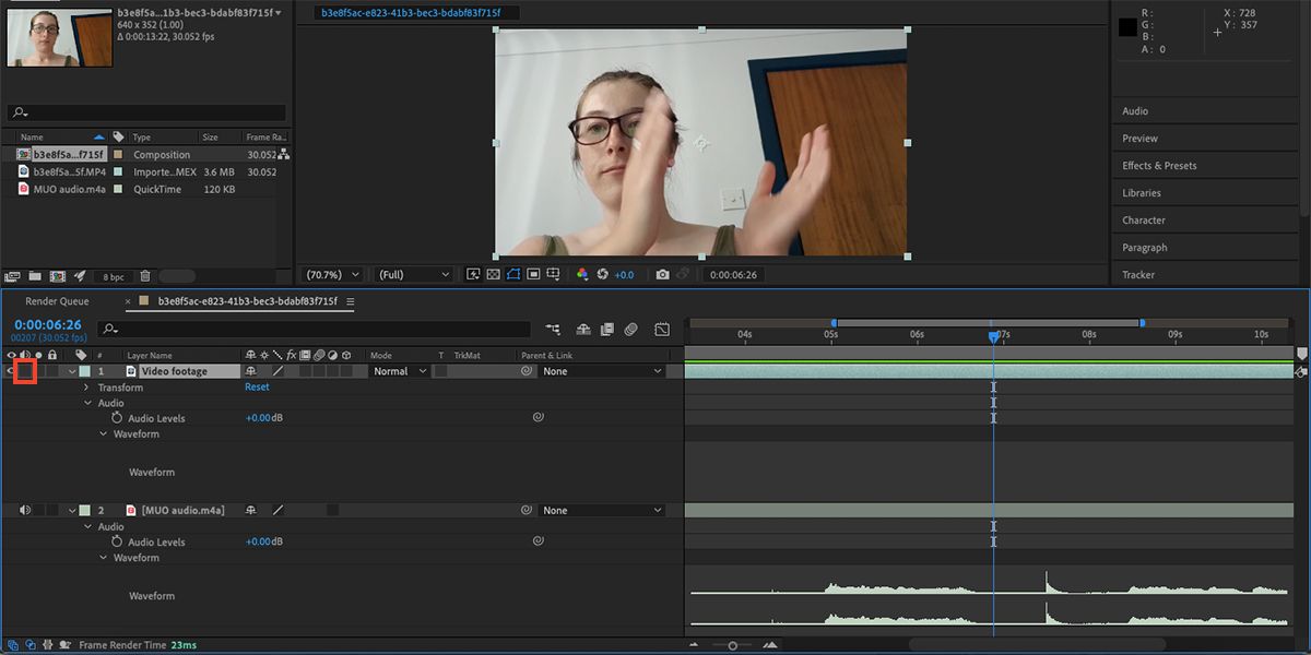 After Effects layer with muted audio.
