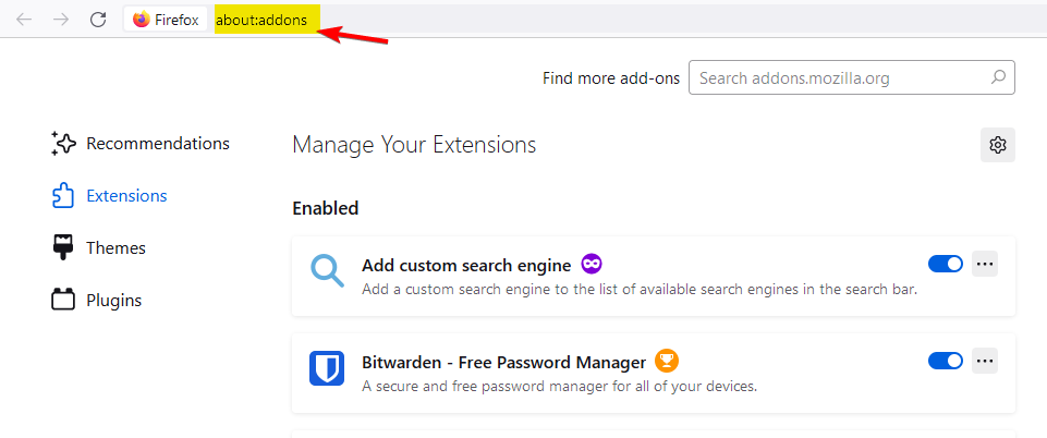 Скриншот адресной строки Firefox с about:addons