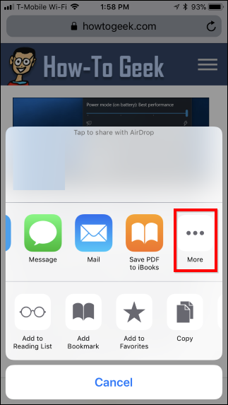 Список доступных действий «Поделиться» на iPhone с включенной опцией Continue on PC