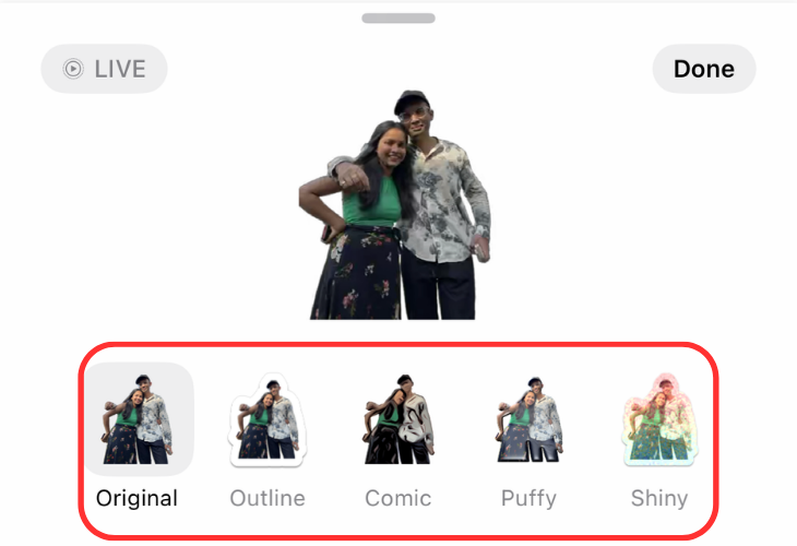 Список доступных эффектов стикера в Apple Messages