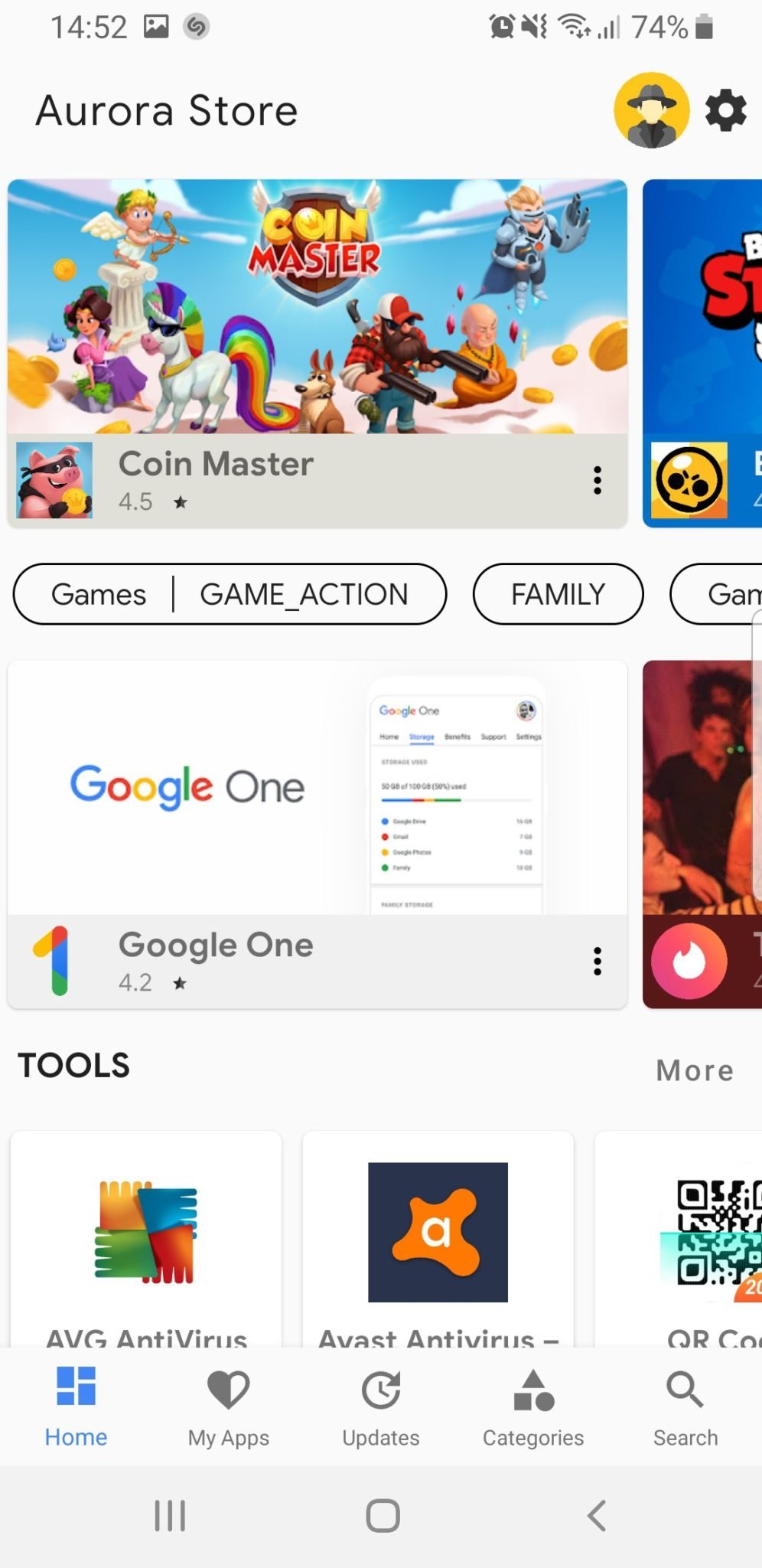 Interface da Aurora Store mostrando lista de apps