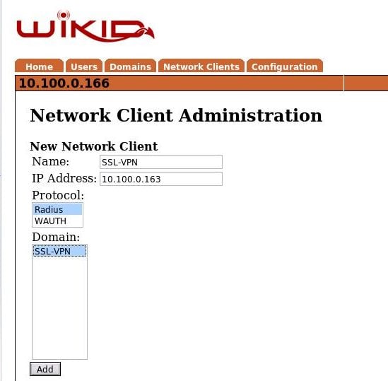 Экран создания сетевого клиента с настройками RADIUS