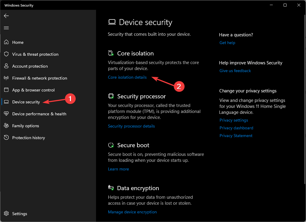 Экран Device Security — Core isolation