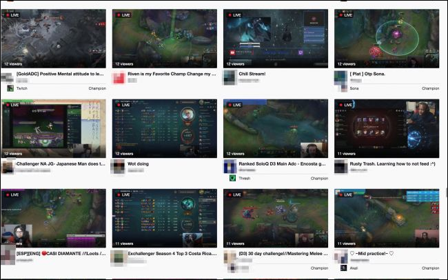 Список стримов по популярной игре; экран с множеством каналов