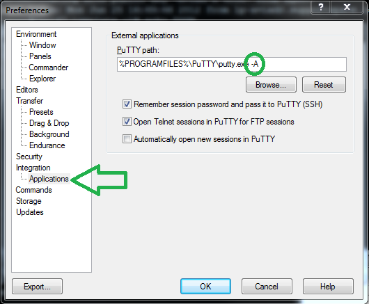 Интеграция PuTTY с опцией -A в WinSCP