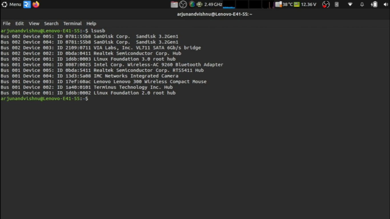 Терминал Linux с выводом команды lsusb