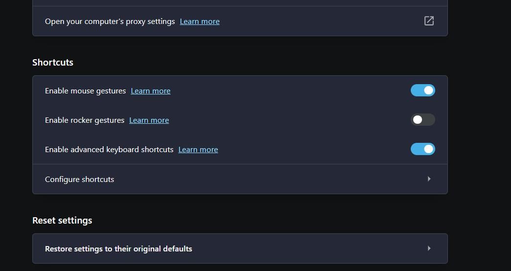 Параметр «Настроить сочетания» в настройках Opera