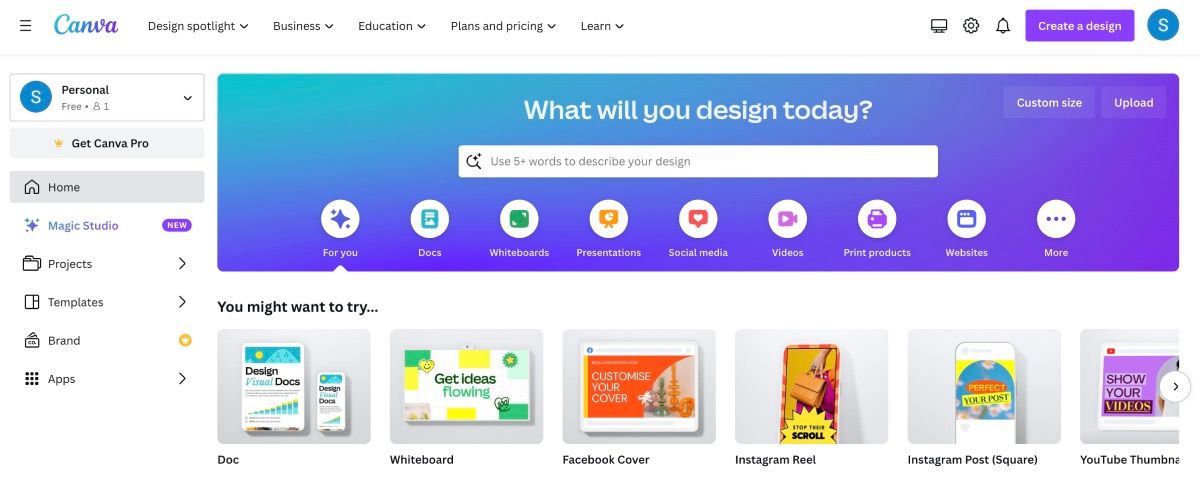 Главная страница Canva в веб-браузере