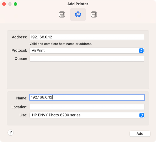 Добавление принтера по IP в macOS