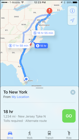 Выбор маршрута и зелёная кнопка 'Поехали' в Apple Maps