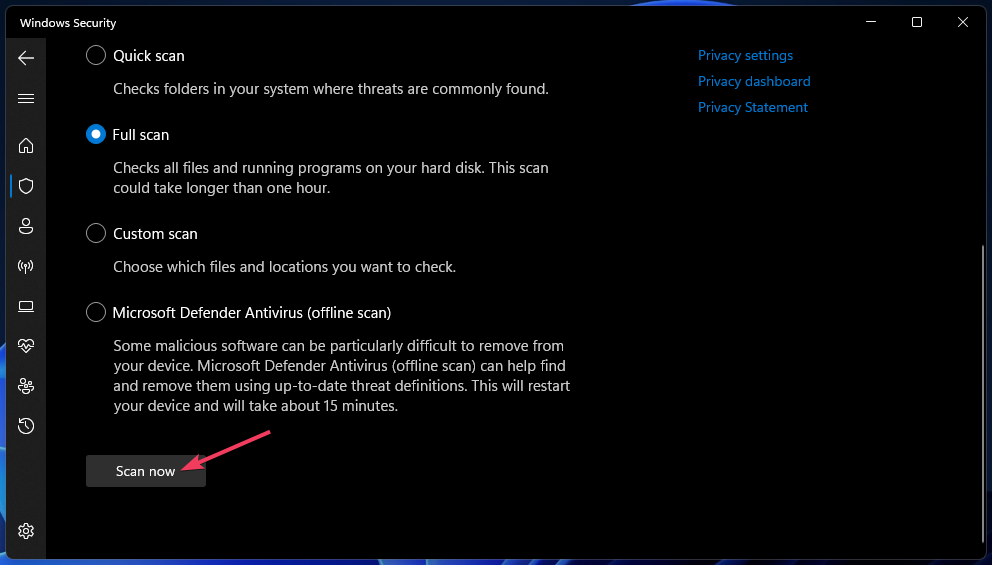 Кнопка 'Сканировать сейчас' для запуска полного сканирования