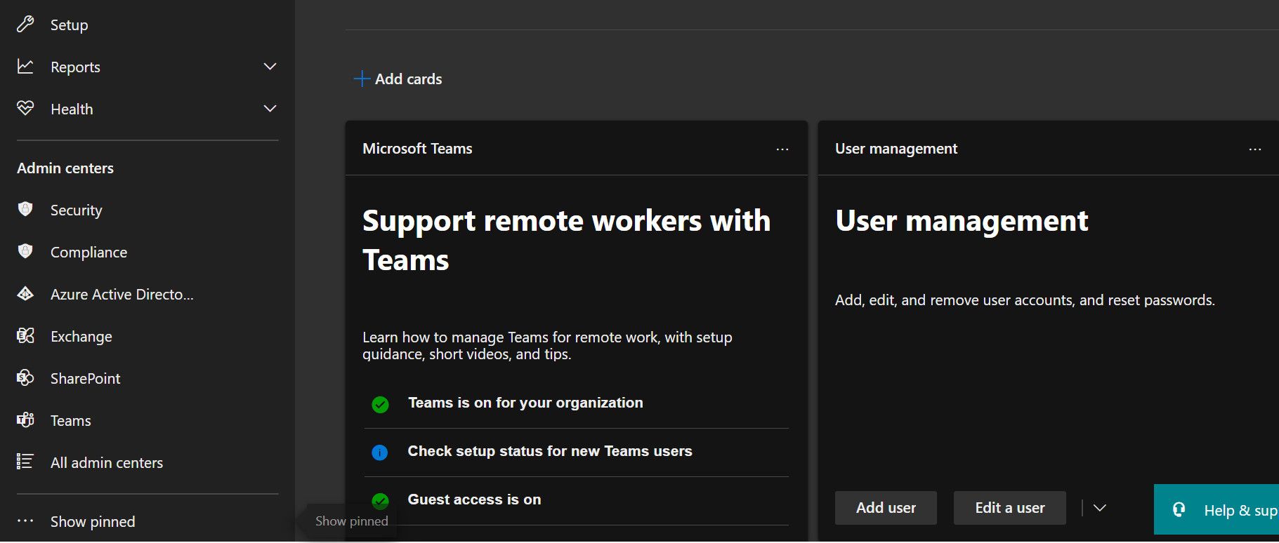 Пункт SharePoint в левом меню центра администрирования Microsoft 365 Business