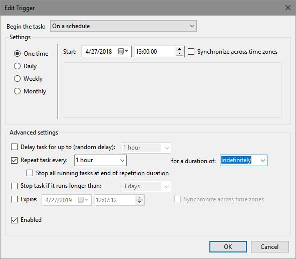 Окно триггера Планировщика заданий для озвучивания времени в Windows