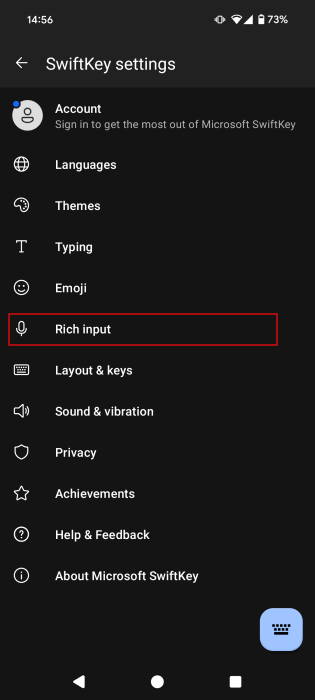 Выбор «Rich input» в настройках SwiftKey