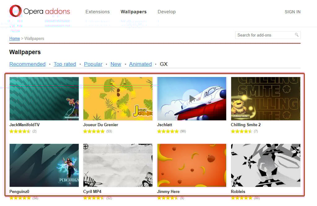 пример набора обоев в каталоге Opera