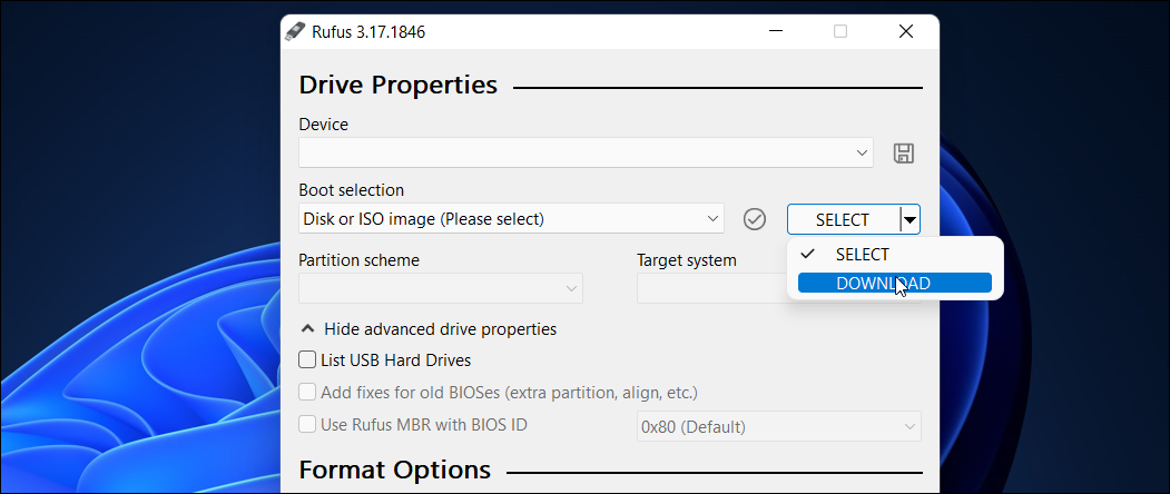 Rufus: выбор загрузки и образа для создания USB