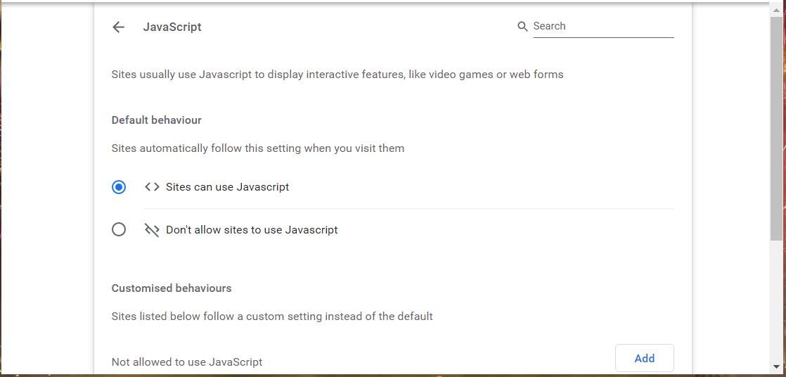 Параметр Не разрешать сайтам использовать JavaScript в Chrome